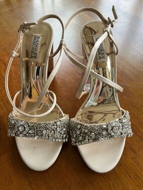 Badgley Mischka Ivory Satin Crystal-Embellished Strappy Heels